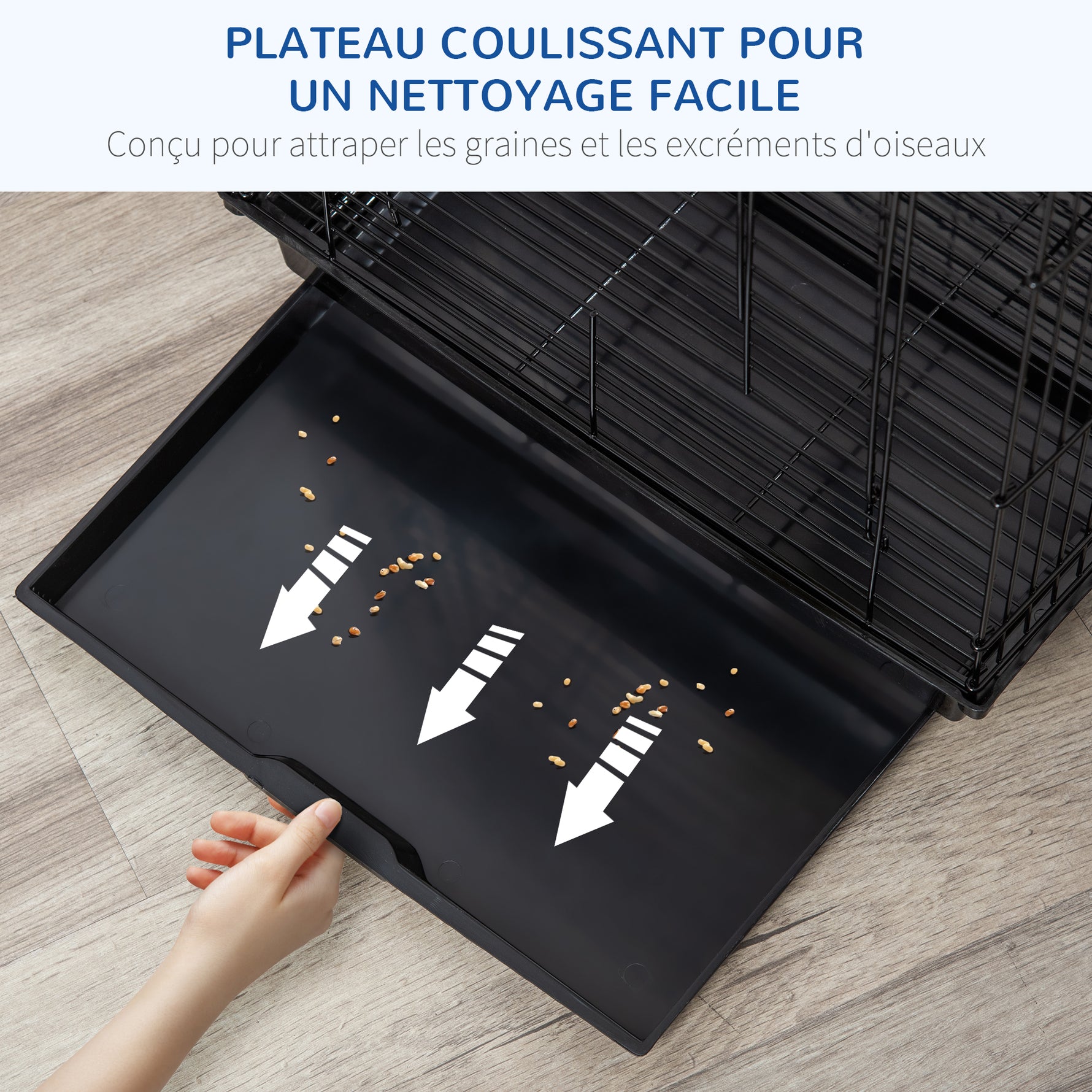 Cage à oiseaux en métal avec mangeoires perchoirs plateau amovible poignée dim. 40L x 40l x 59H cm noir