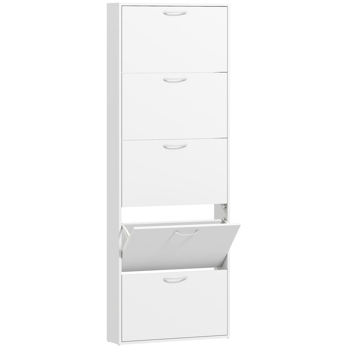 Meuble à chaussures 15 paires, armoire à chaussures étroite moderne avec 5 tiroirs rabattables, 65 x 17 x 180,5 cm blanc