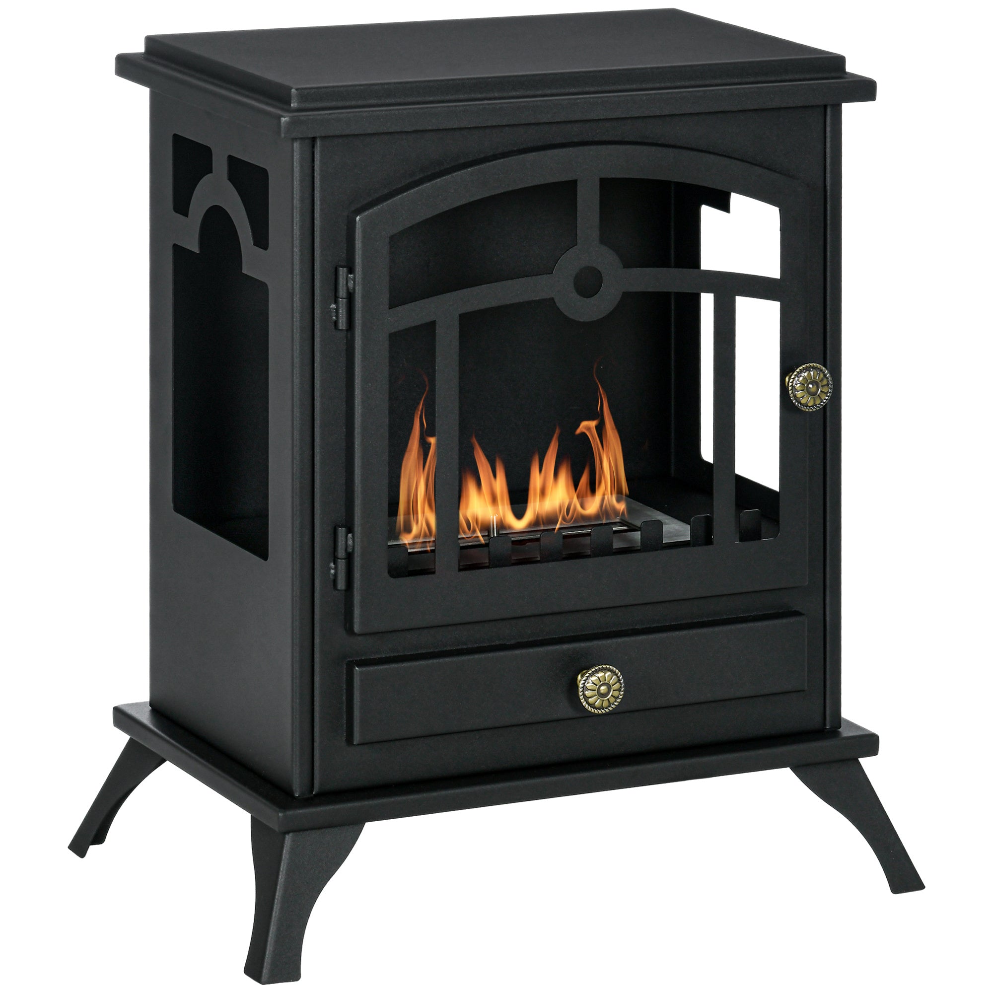 Chimenea de bioetanol de pie, quemador de 1,2 L, aprox. 3 h de duración de combustión, dim. 45L x 28an x 54Al cm, acero negro