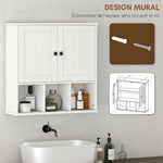Armoire murale de salle de bain, meuble de rangement avec 2 portes, étagère réglable et compartiments ouverts, blanc