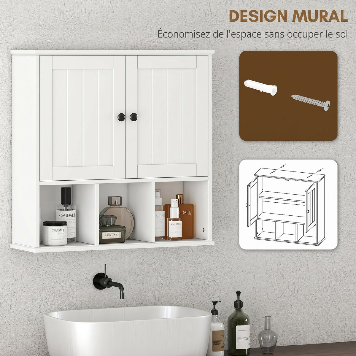 Armoire murale de salle de bain, meuble de rangement avec 2 portes, étagère réglable et compartiments ouverts, blanc