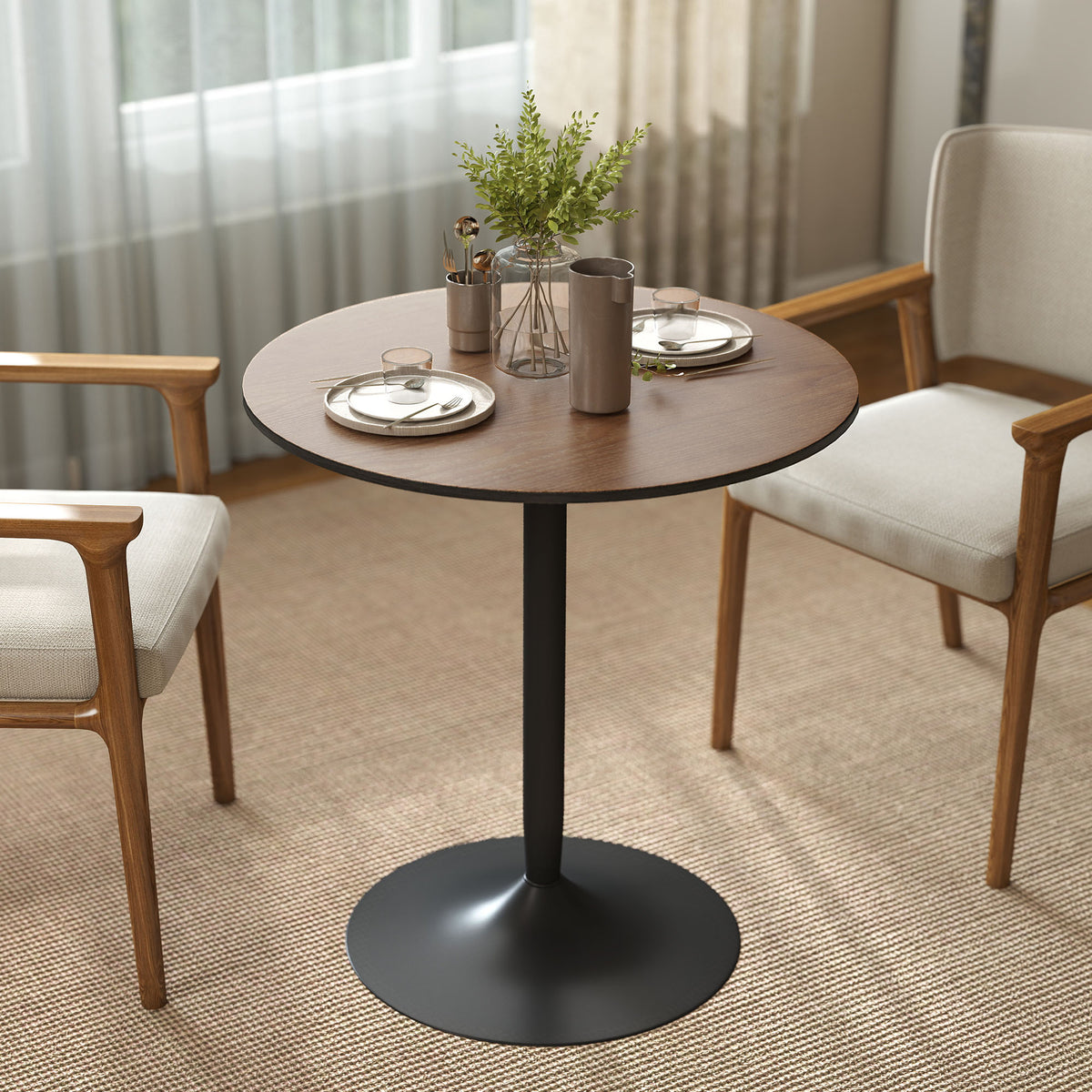 Table à manger ronde 70 cm pour 2 personnes avec plateau en placage de bois massif et piétement en acier marron