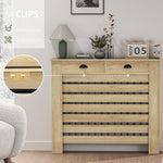 Heizkörperverkleidung mit horizontalen Lamellen und 2 Schubladen aus Holz 111L x 19T x 95,5H cm Eiche