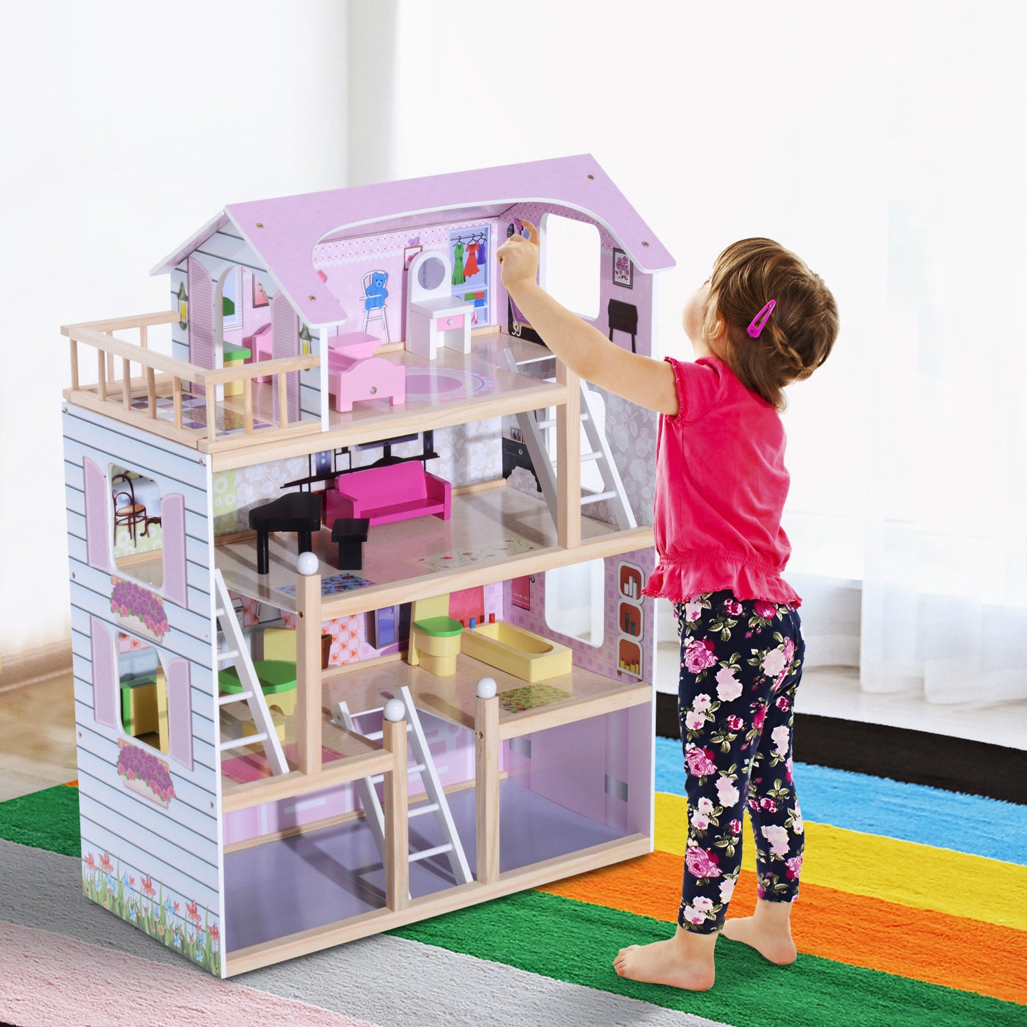 Maison de poupée en Bois Jeu d'imitation 4 Étages pour 3+ ans avec 13 Accessoires Grand réalisme Multi-équipement 60L x 30l x 80H cm Blanc et Rose