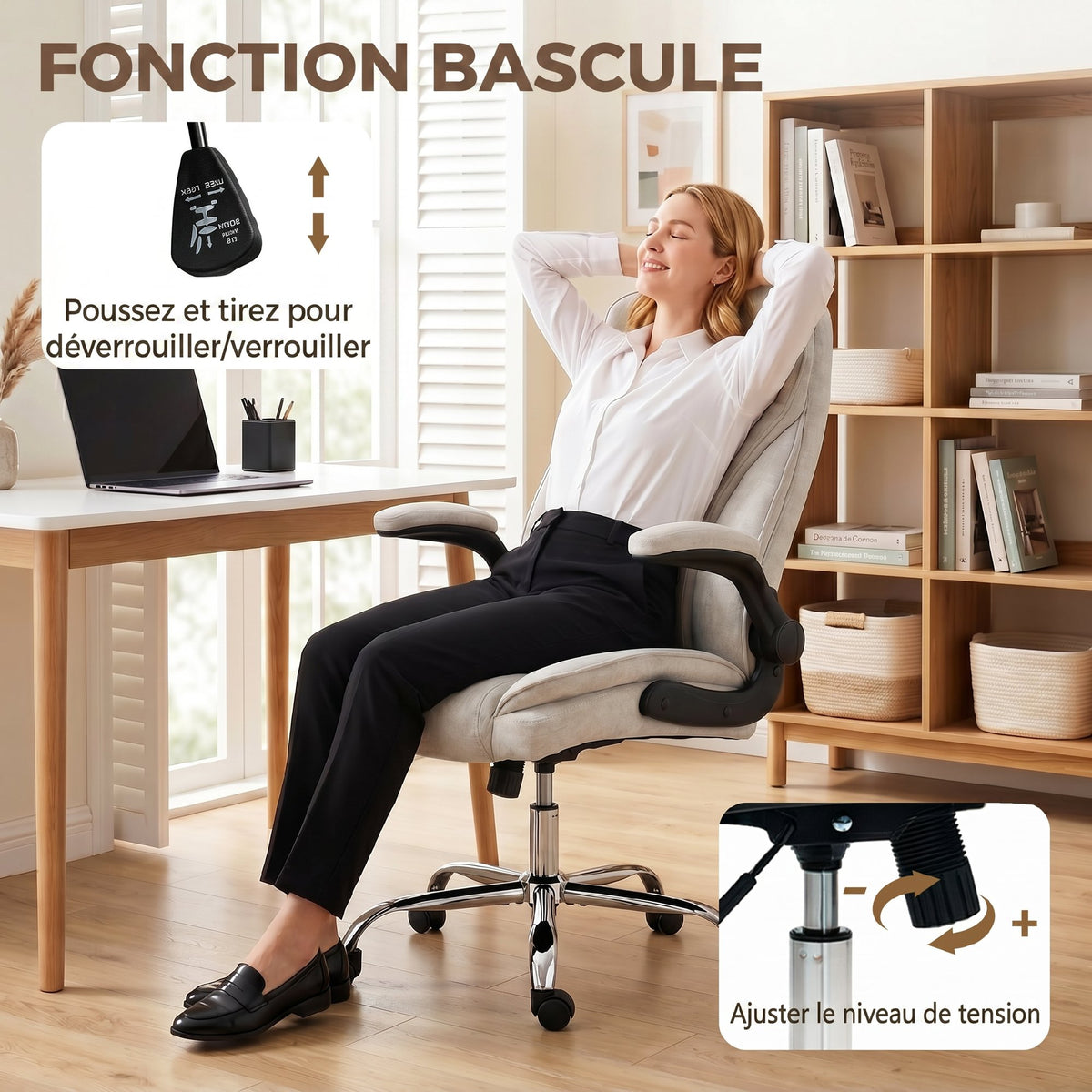 Fauteuil de bureau, chaise bureau ergonomique, hauteur réglable, accoudoirs relevables, 70 x 70 x 114-122 cm, beige
