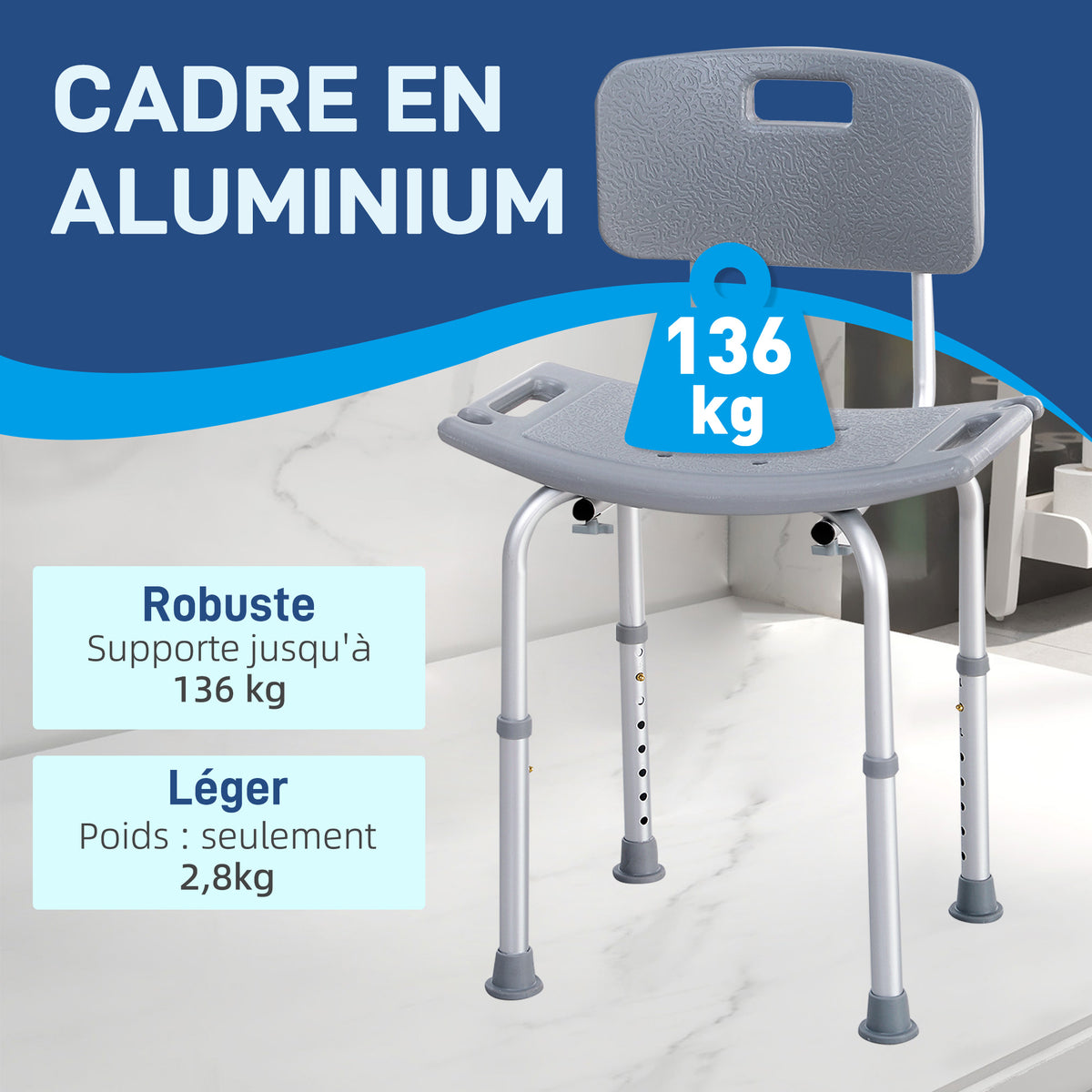 Chaise de Douche siège de Douche Ergonomique Hauteur réglable Pieds antidérapants Charge Max. 136 Kg alu HDPE