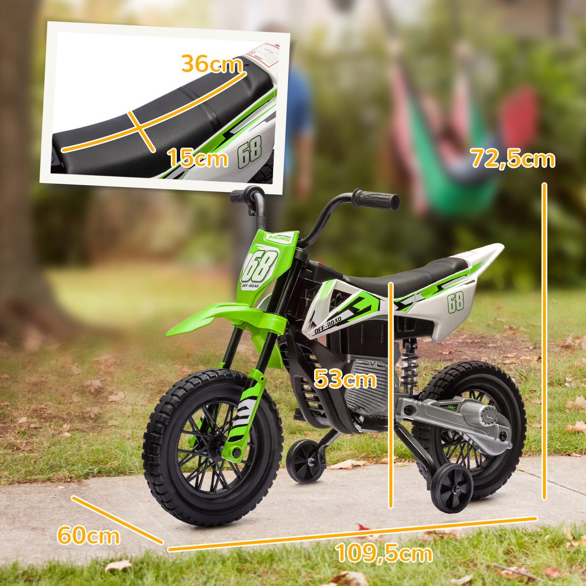 Moto électrique pour enfant moto cross pour enfants de 3 à 6 ans 2 moteurs 12V vitesse max. 5 km/h vert