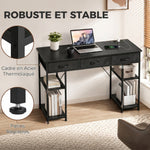 Bureau avec rangement avec prises de courant, 3 tiroirs en tissu et 4 étagères de rangement, 120 x 40 x 76 cm, noir