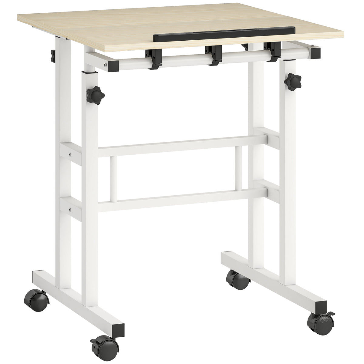 Bureau assis debout bureau réglable en hauteur 60 x 60 cm à roulettes avec plateau inclinable cadre en métal naturel