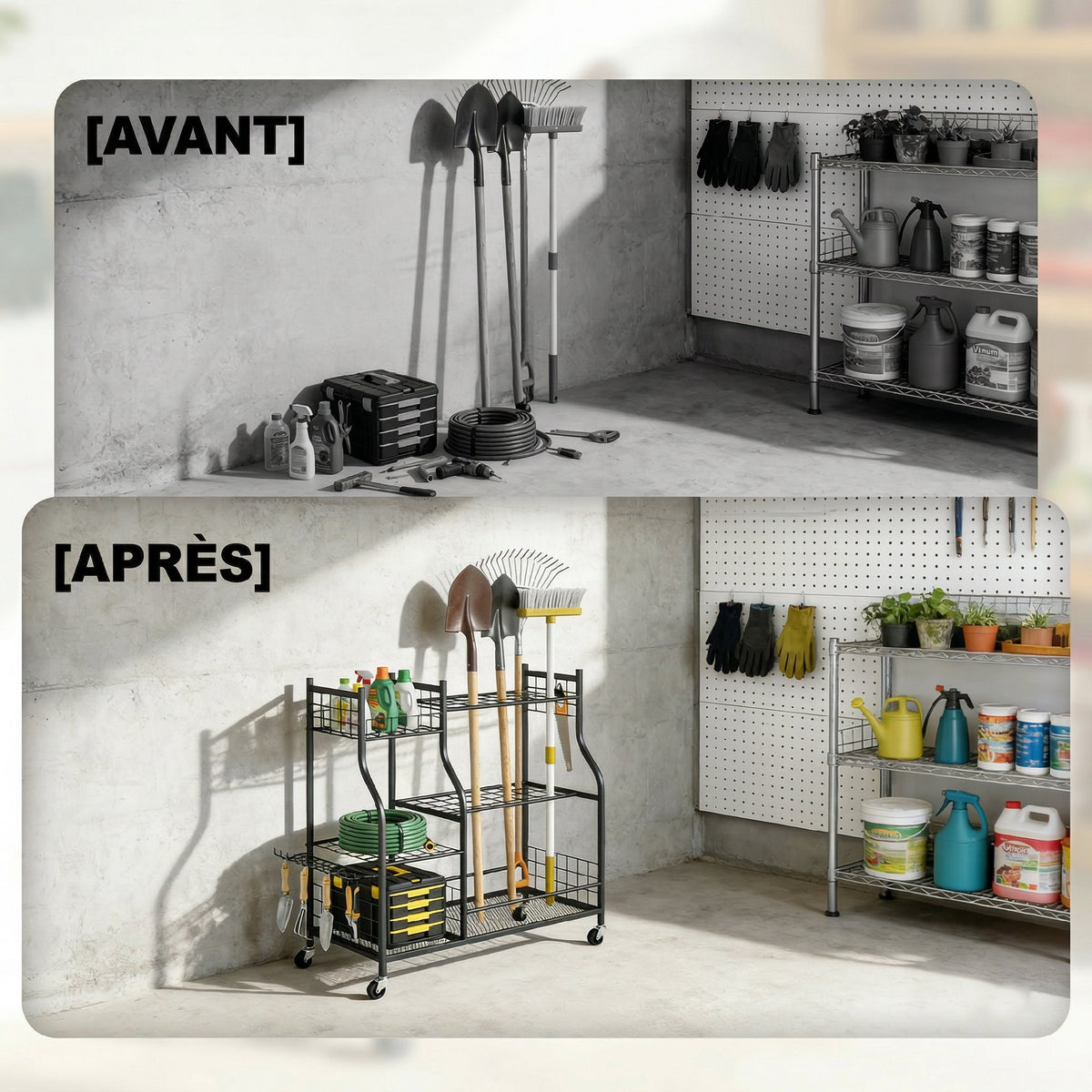 Organisateur d'Outils de Jardin en Acier à 3 Niveaux, 32 Emplacements, 4 Roues, 11 Crochets, 104x40x95cm, Noir