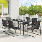 Ensemble de Salle à Manger d'Extérieur 7 Pièces pour 6 Personnes, Table en Verre et Chaises avec Accoudoirs Décoratifs, Maille Résistante aux Intempéries, Noir