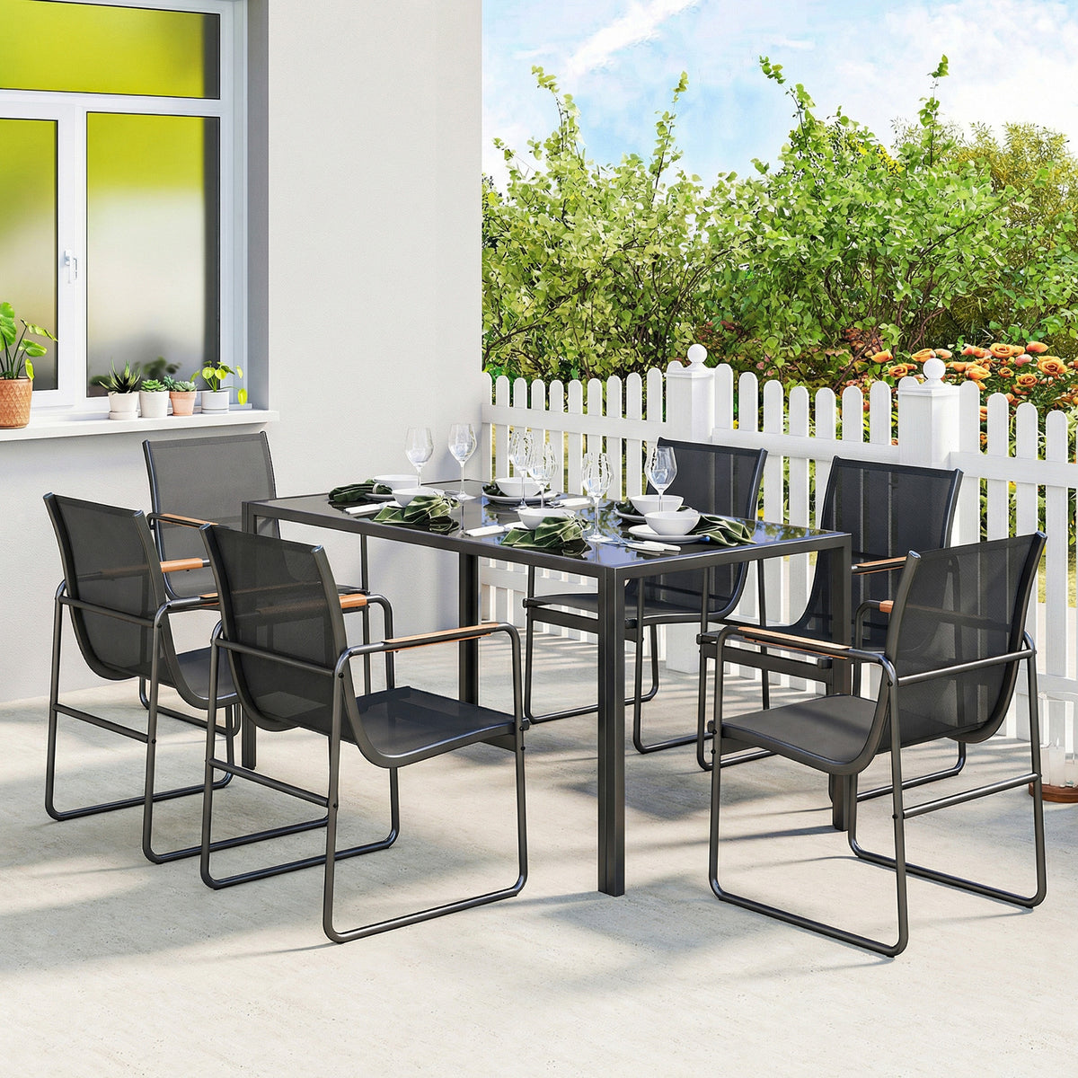Ensemble de Salle à Manger d'Extérieur 7 Pièces pour 6 Personnes, Table en Verre et Chaises avec Accoudoirs Décoratifs, Maille Résistante aux Intempéries, Noir