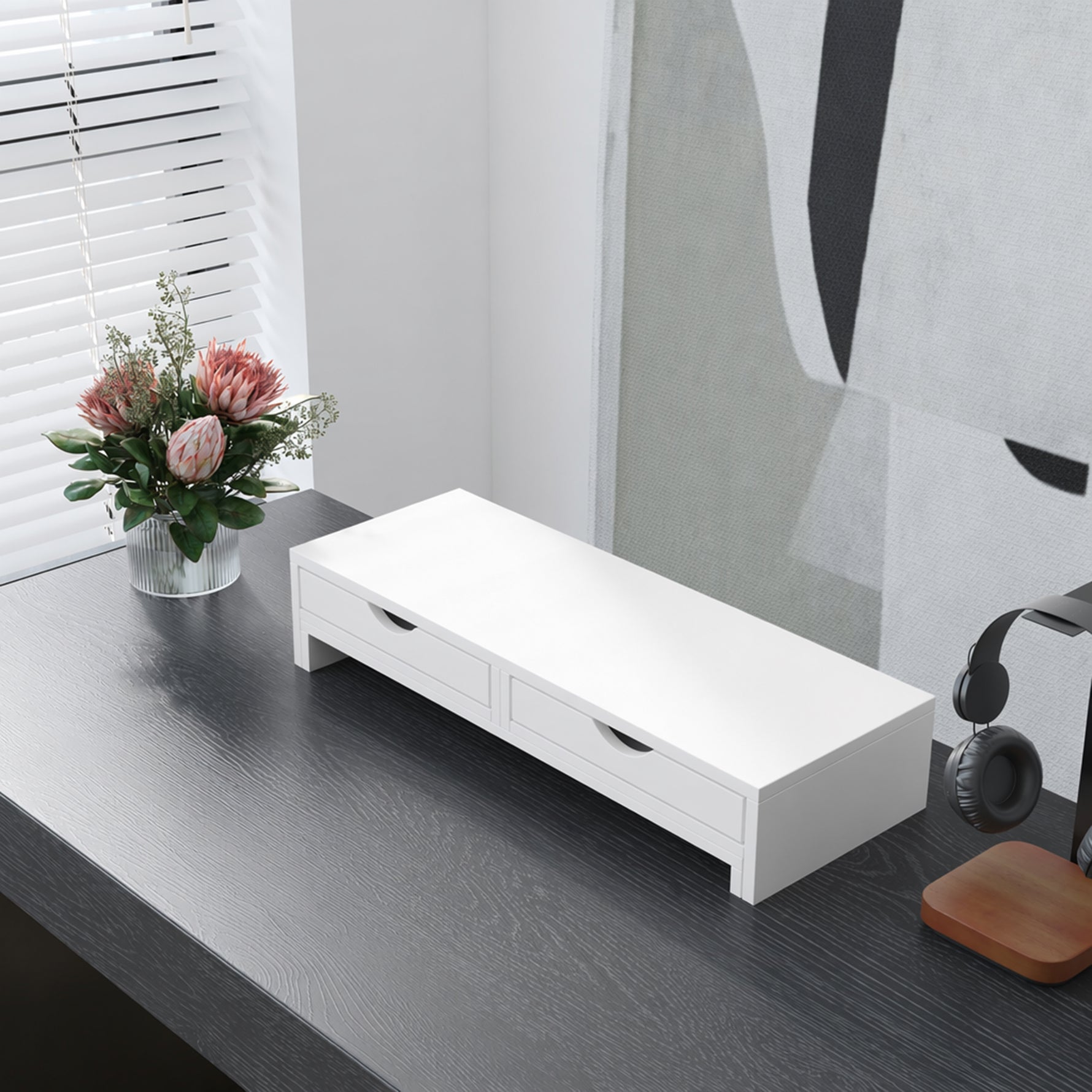 Rehausseur écran PC bureau support d'écran d'ordinateur de 60-116 cm avec 2 tiroirs, longueur et angle réglables