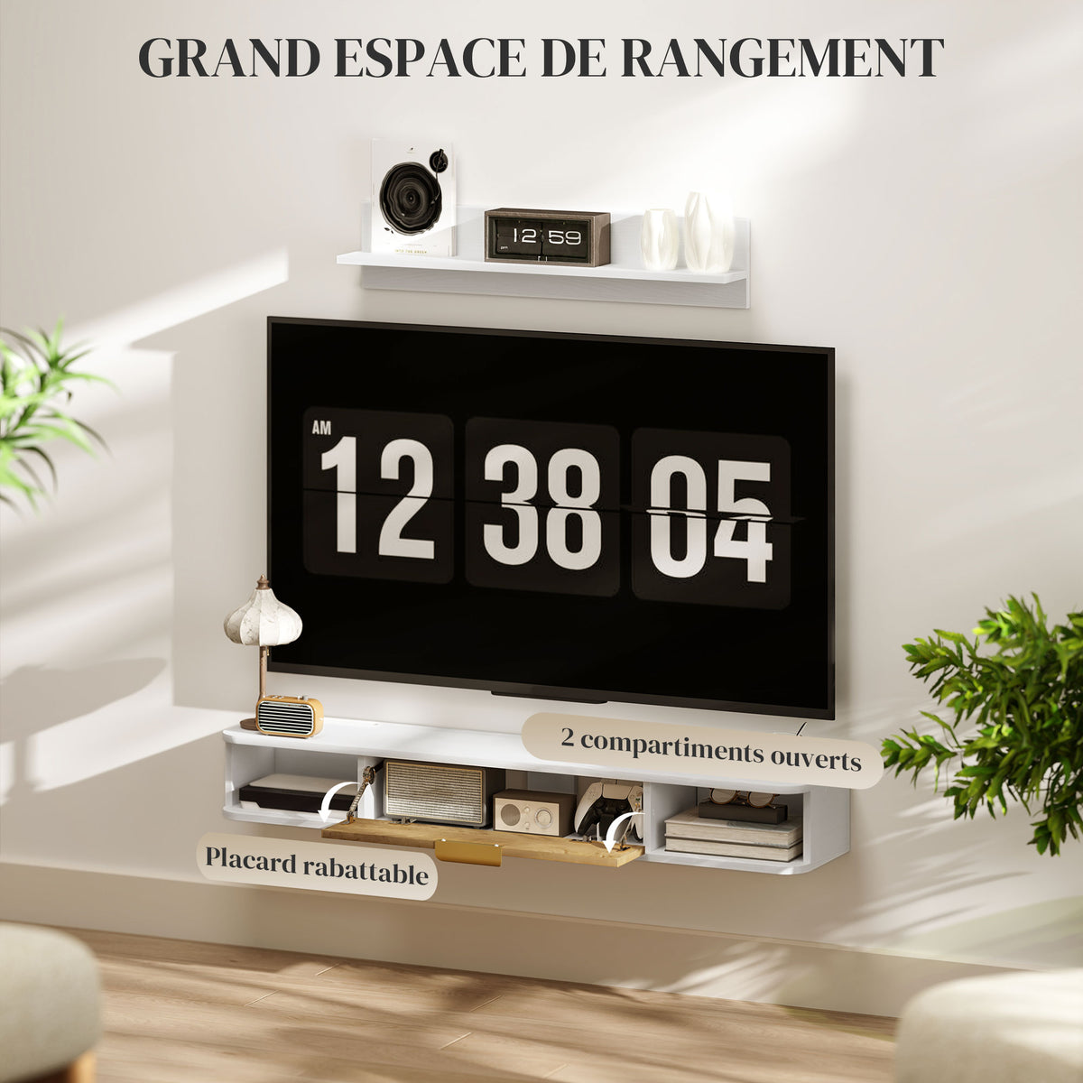 Ensemble meuble TV suspendu avec étagère murale meuble télé bois mural passe-câbles 120 x 24 x 16 cm blanc