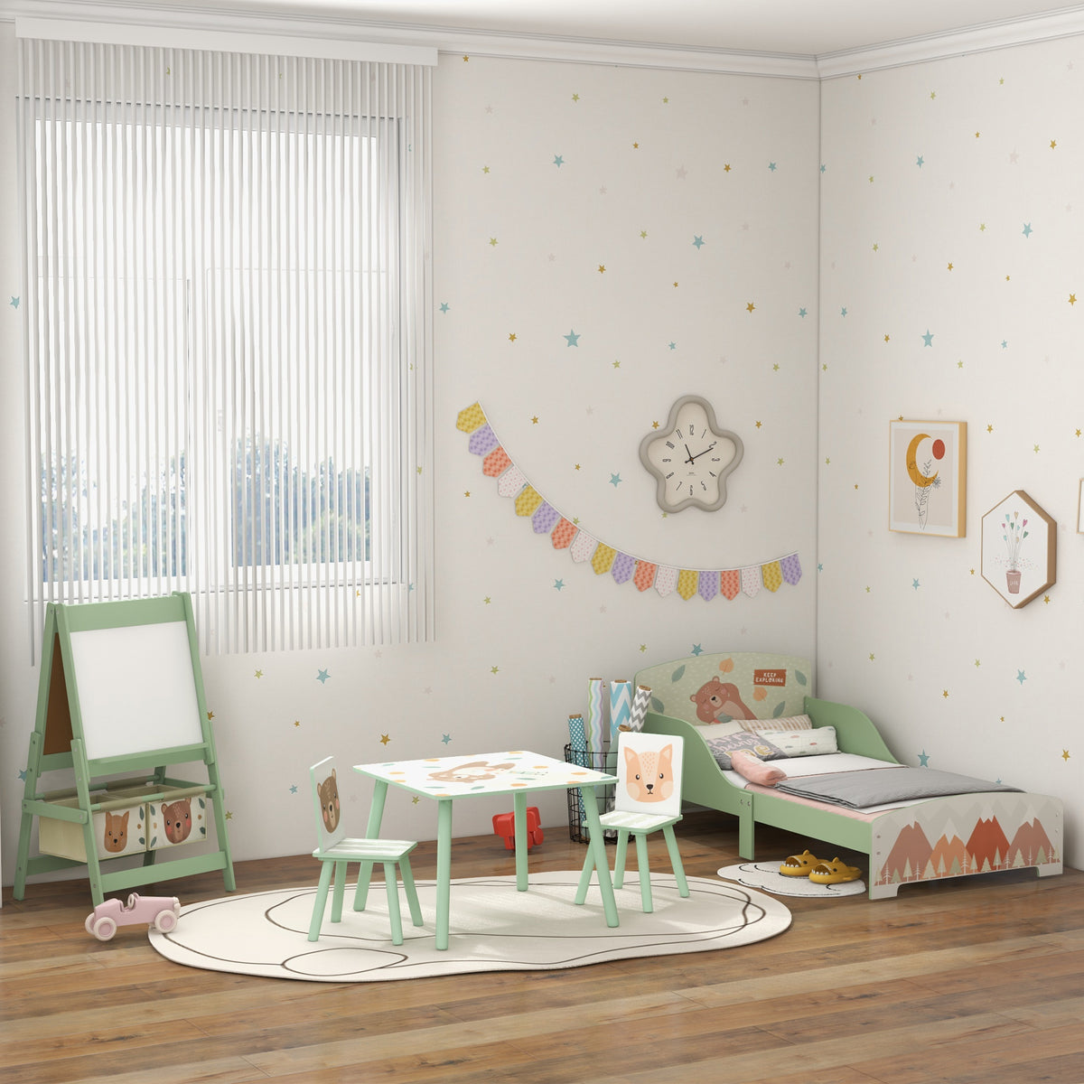 Table et 2 chaises pour enfants 3-8 ans ensemble 3 pièces motif animaux pour chambre à coucher salle de jeux vert