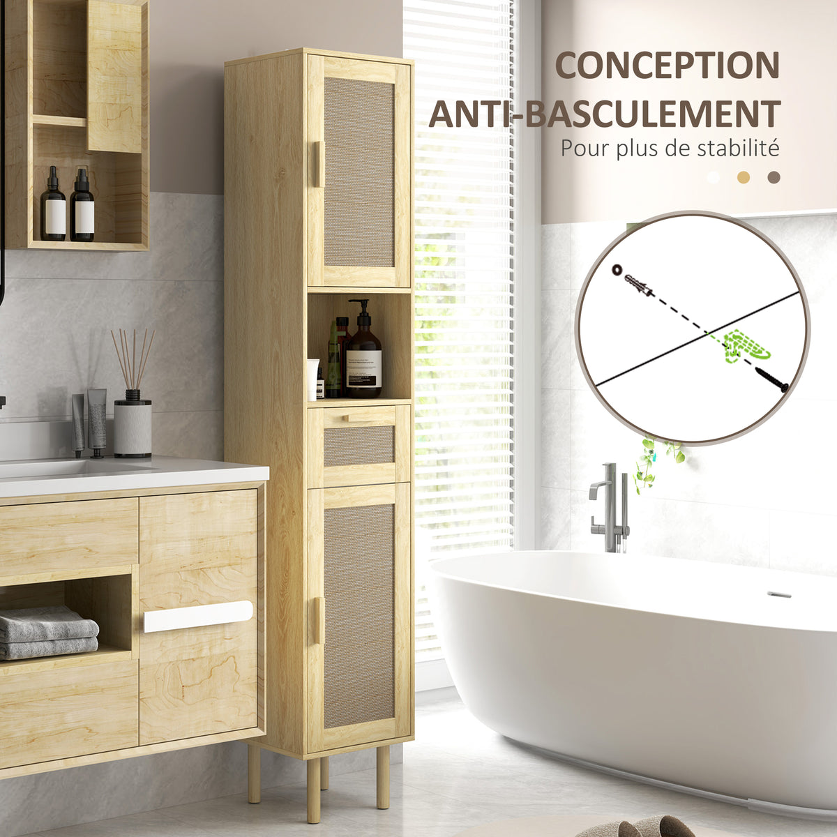 Meuble salle de bain colonne rangement salle de bain avec portes en rotin tiroir 2 placards 32 x 30 x 170 cm chêne