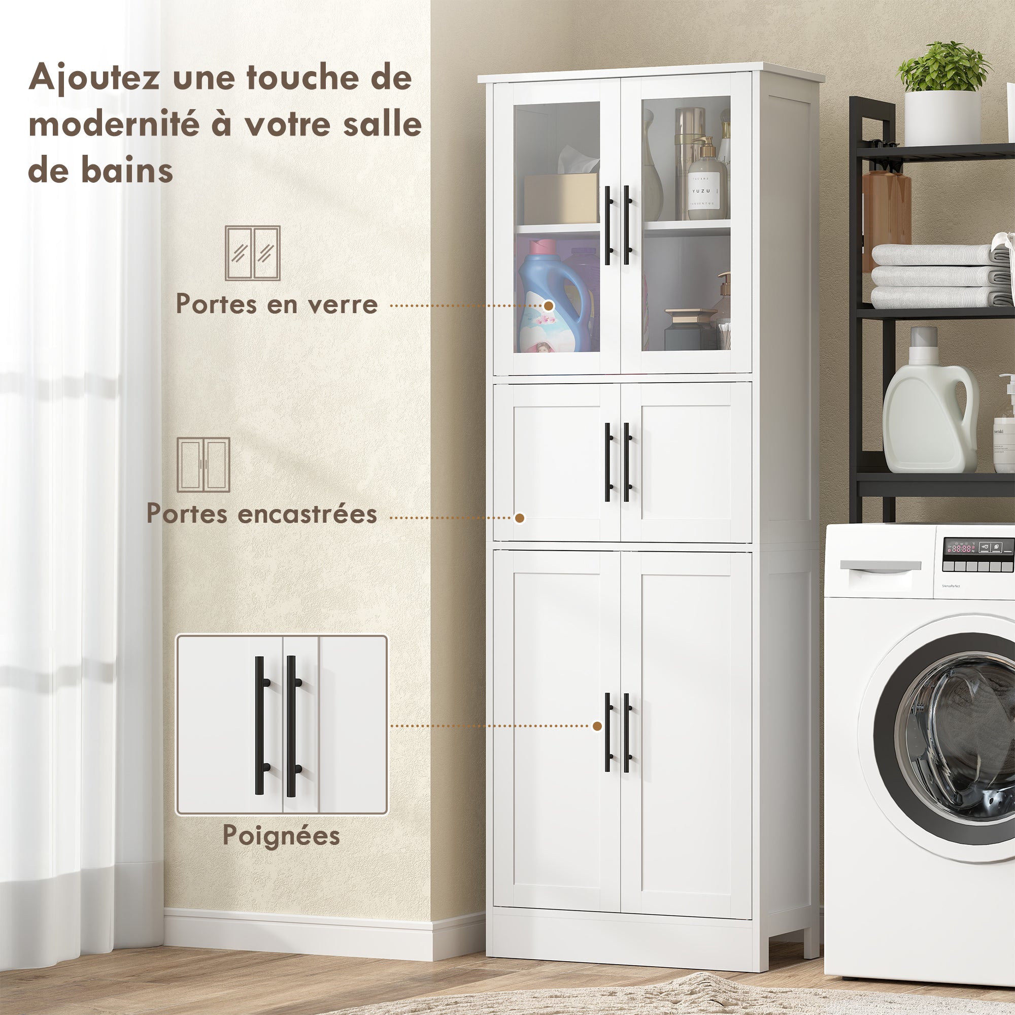 Meuble de salle de bain, meuble de rangement 6 niveaux, 6 portes dont 2 vitrées, étagères réglables, 60x30x170cm, blanc
