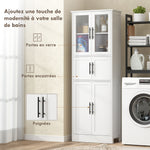 Meuble de salle de bain, meuble de rangement 6 niveaux, 6 portes dont 2 vitrées, étagères réglables, 60x30x170cm, blanc
