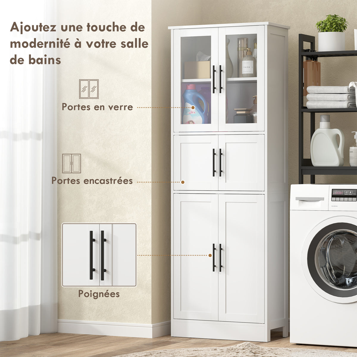 Meuble de salle de bain, meuble de rangement 6 niveaux, 6 portes dont 2 vitrées, étagères réglables, 60x30x170cm, blanc