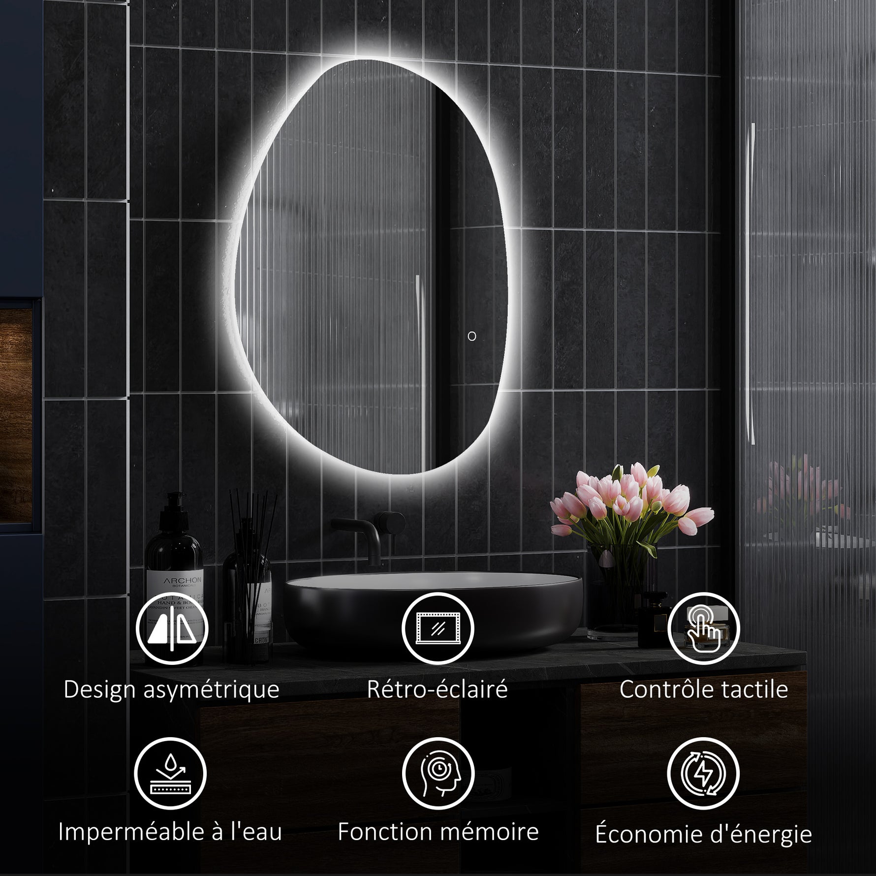 Miroir salle de bain avec éclairage LED 80 x 60 cm, miroir lumineux mural avec antibuée, mémoire, IP44, argenté