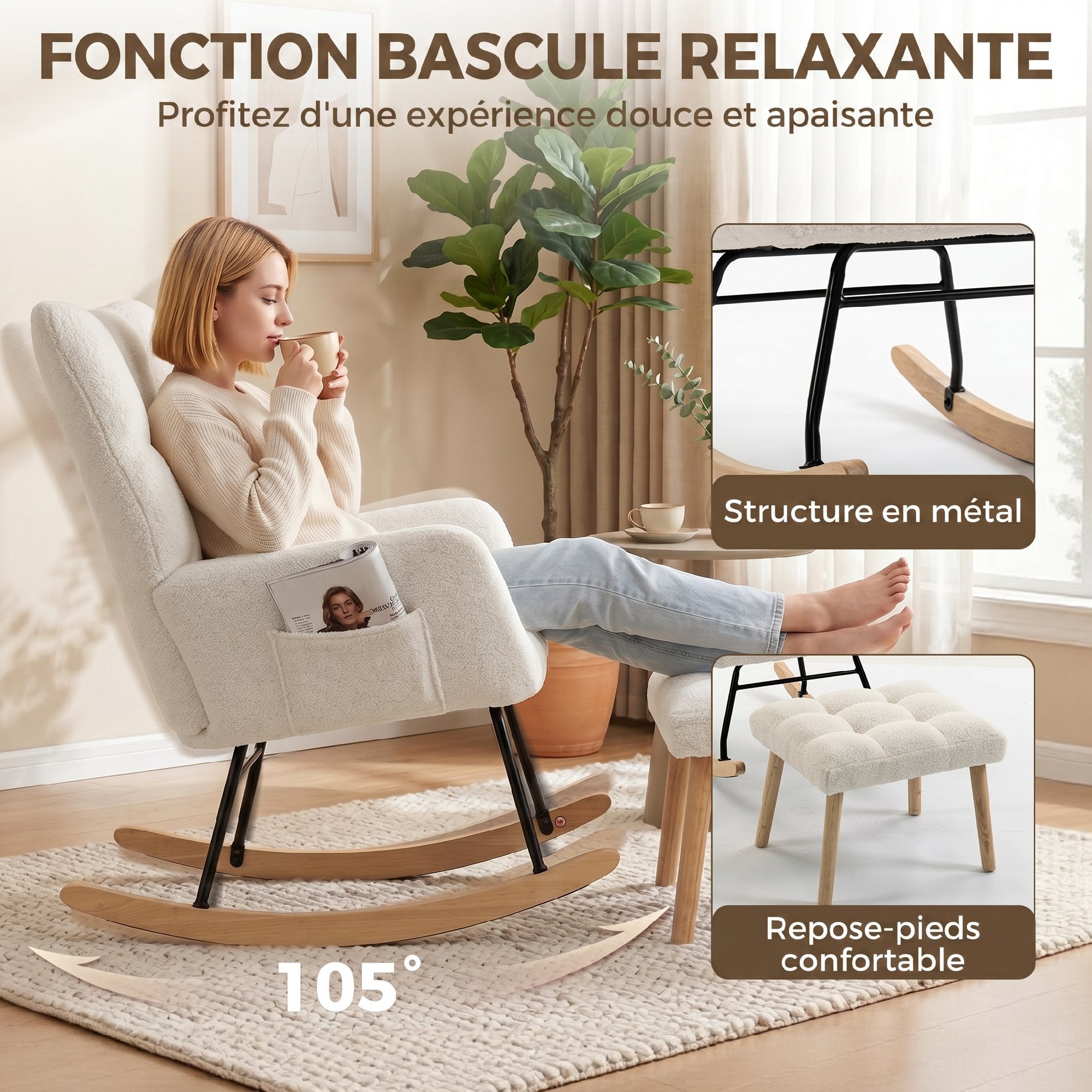 Rocking Chair with Footrest, Bouclé Fabric Rocking Chair, Padded Seat, Wide Backrest, Cream