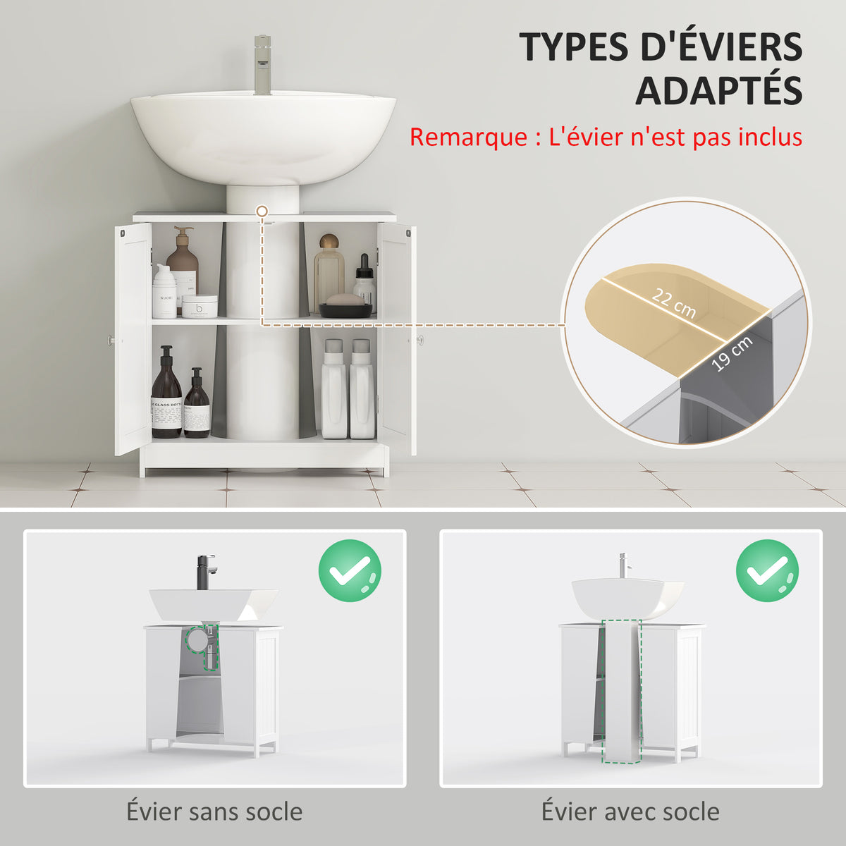 Meuble sous lavabo, meuble de salle de bain placard à 2 portes, étagère réglable, anti-humidité, 60 x 30 x 60 cm, blanc