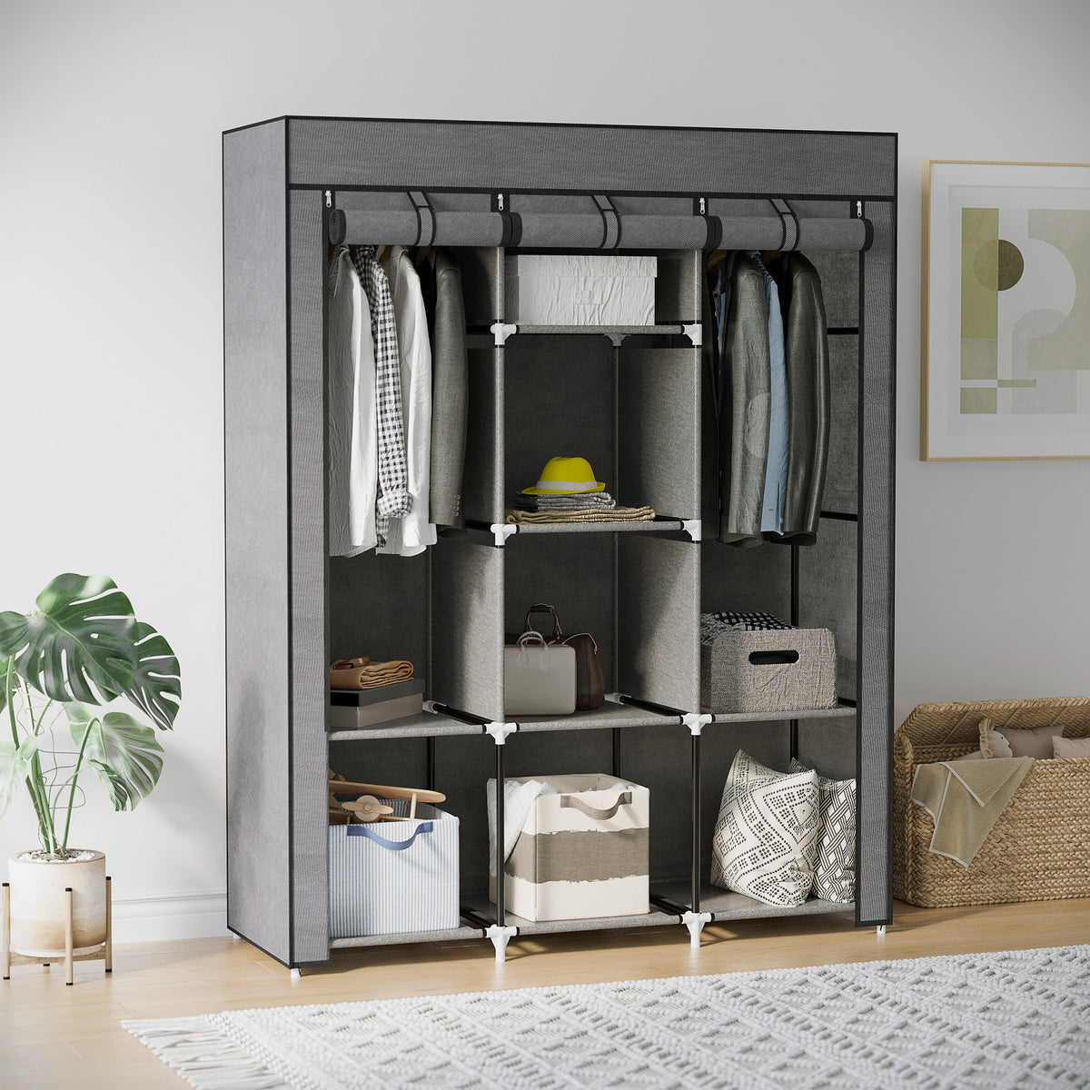 Armoire penderie multi-rangement - 8 étagères, 2 barres - non tissé gris