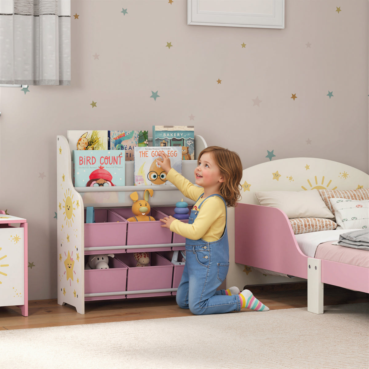 Mobile contenitore per bambini, porta giocattoli, 6 cassetti in tessuto e scaffale a due livelli, 63x30x71cm, rosa