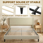 Cadre de Lit 160 x 200 cm avec Sommier en Bois, Rembourré en Effet Lin, Cadre en Acier, 9 Pieds Robustes, Beige
