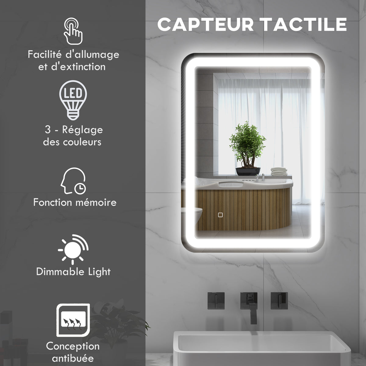 Miroir de salle de bain rectangulaire LED fonction anti-buée luminosité réglable fonction mémoire 70 x 50 cm argent