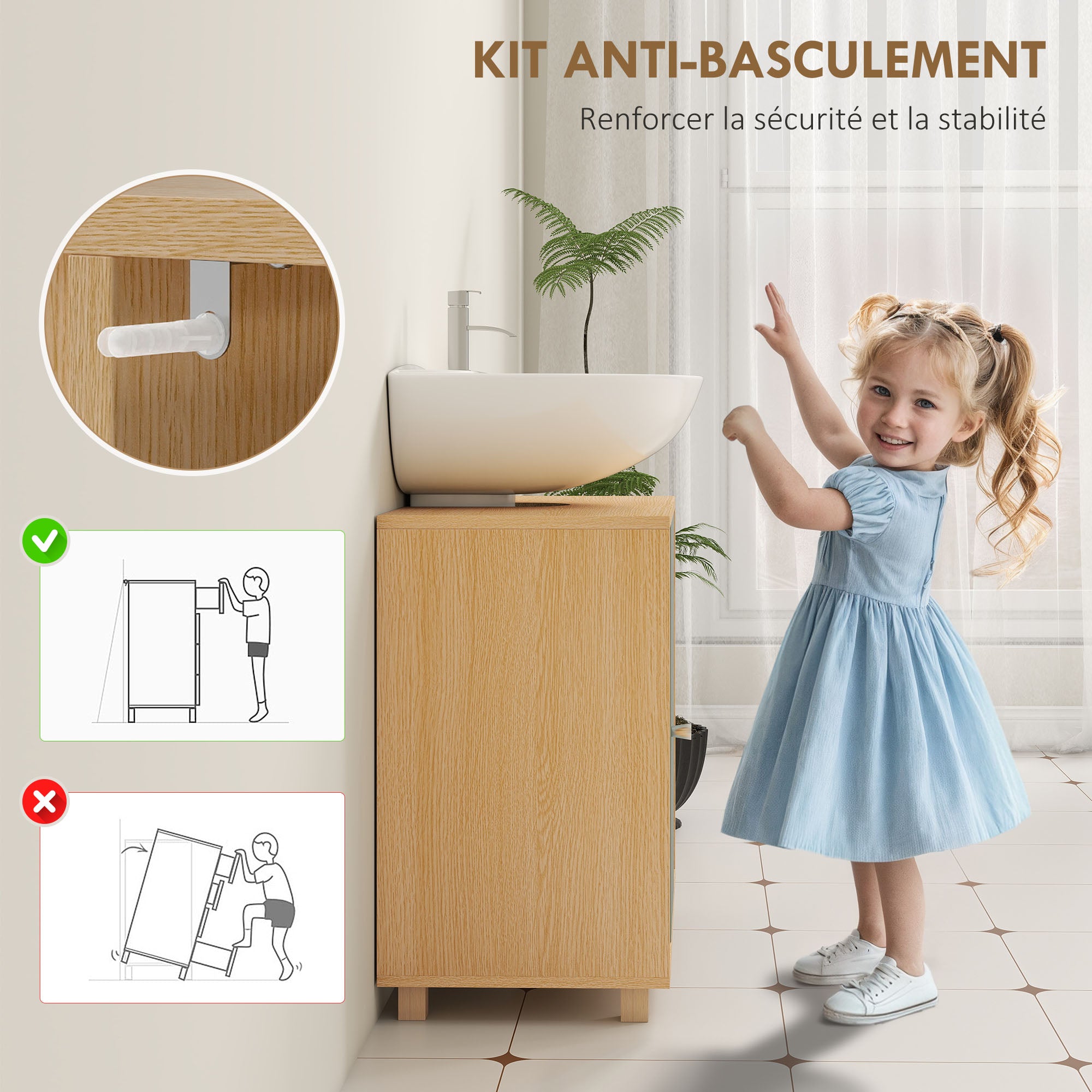 Meuble sous lavabo, meuble de salle de bain avec 6 étagères ouvertes et porte à fermeture amortie 60 x 33 x 57 cm, vert