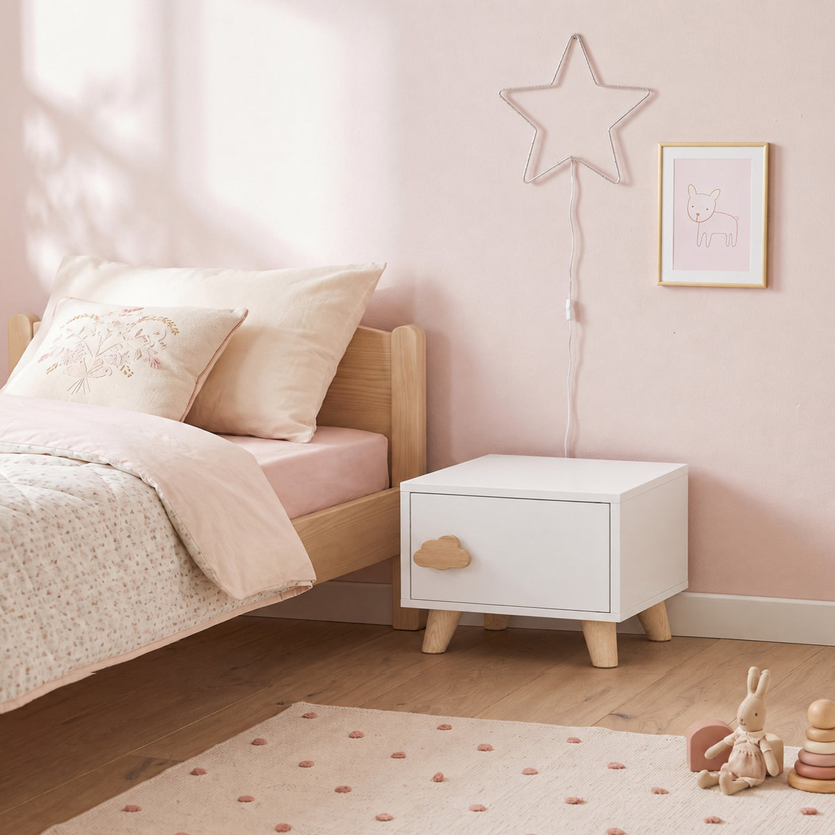 Comodino per Bambini con Cassetto, Maniglia a Forma di Nuvola, per Cameretta, 34 x 31 x 25 cm, Bianco