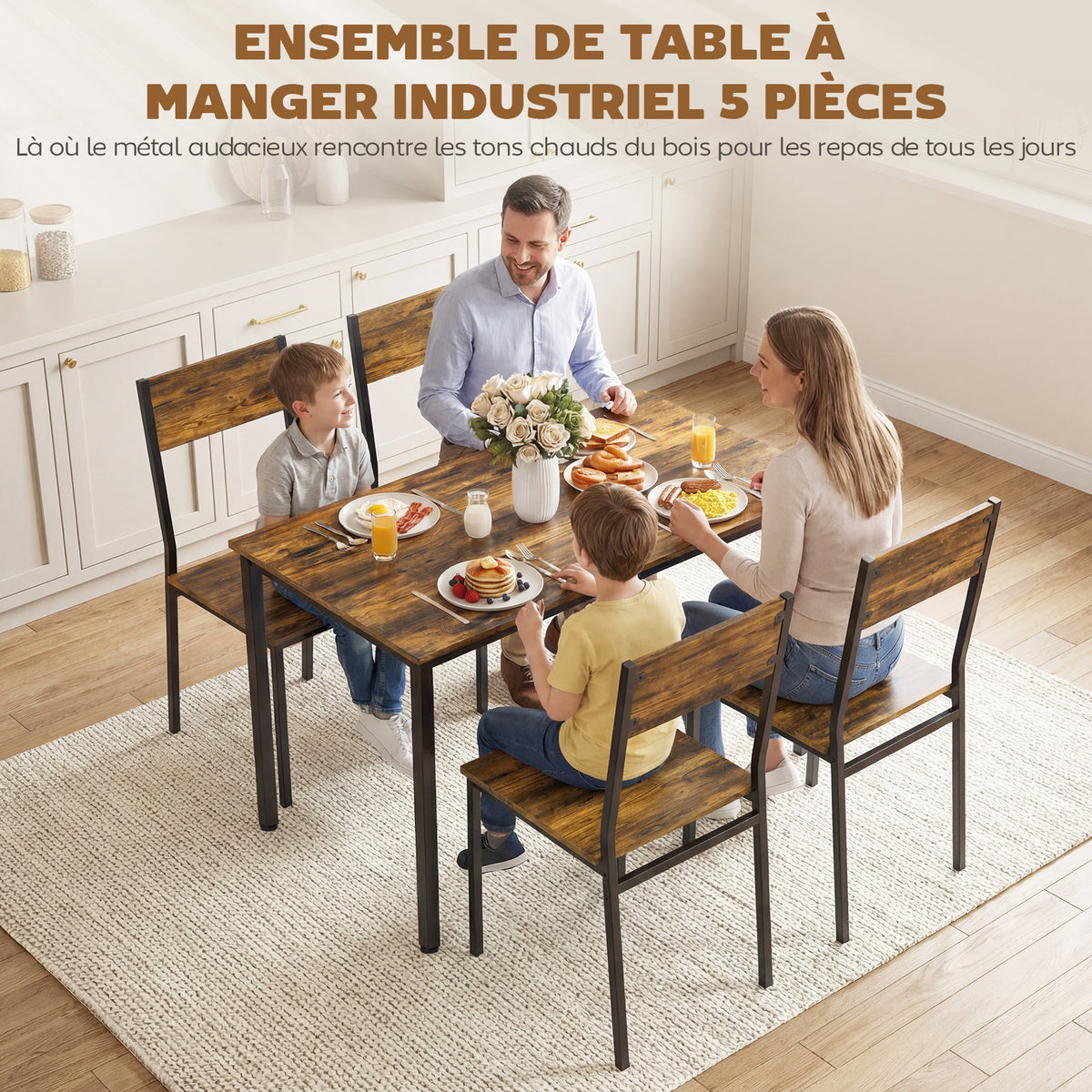 Ensemble table salle à manger avec 4 chaises, table de cuisine avec chaises 4 personnes, pieds en métal, brun rustique