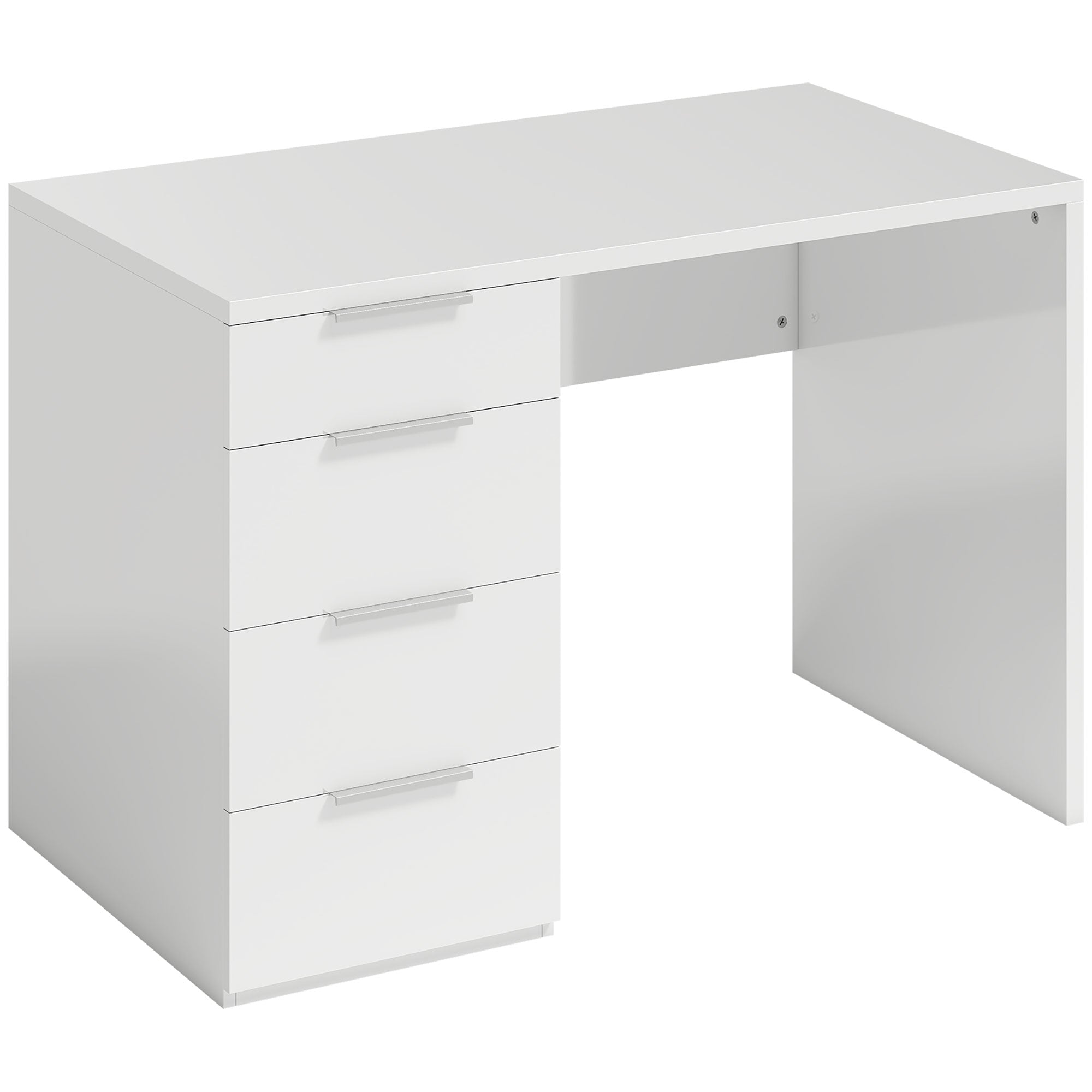Bureau d'ordinateur à haute brillance avec 4 tiroirs, 110 x 60 cm, bureau avec rangement, style moderne, blanc