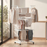 Séchoir à linge pliable 4 niveaux avec roulettes, étendoir linge intérieur avec ailes latérales, cadre en acier, blanc