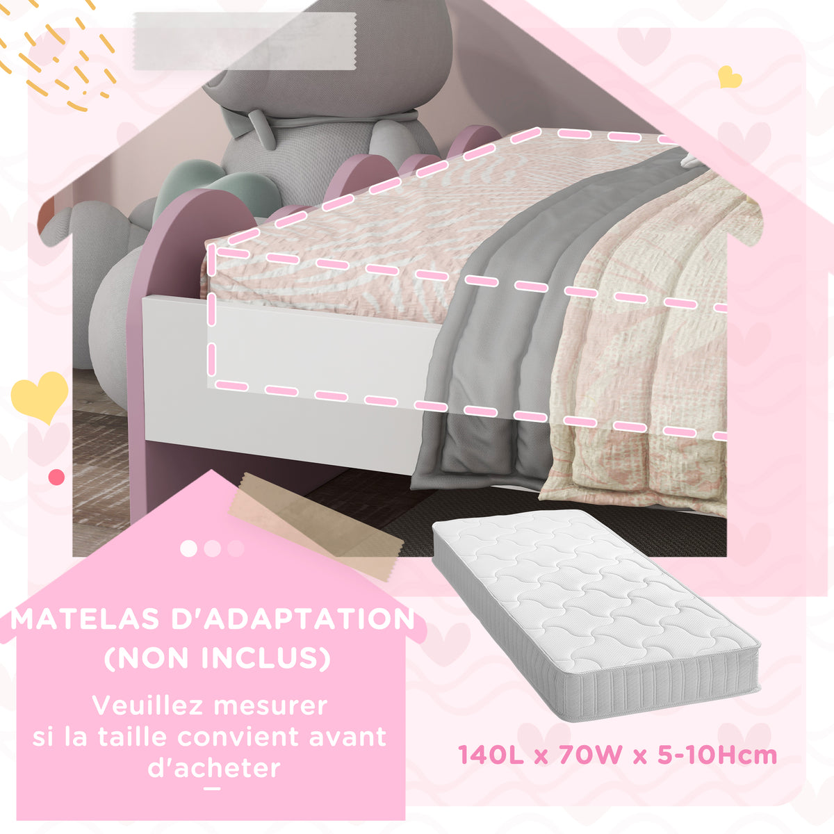 Kinderbett für Kinder von 3 bis 6 Jahren, 143 x 74 x 66 cm, Regenbogen-Design, inklusive Lattenrost, modernes Kinderzimmer, Rosa