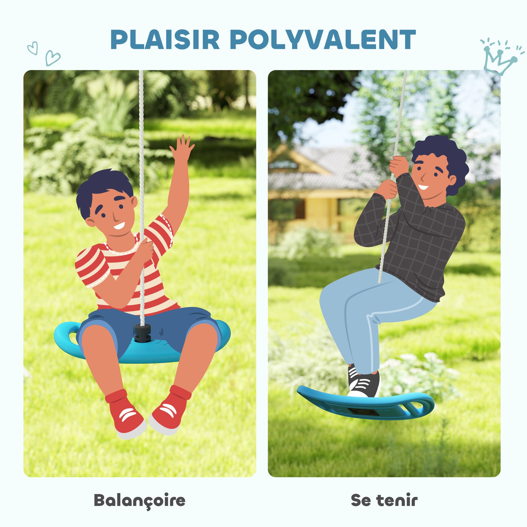 Balançoire enfant extérieur et intérieur avec corde réglable, mousqueton, charge max. 70 kg, bleu