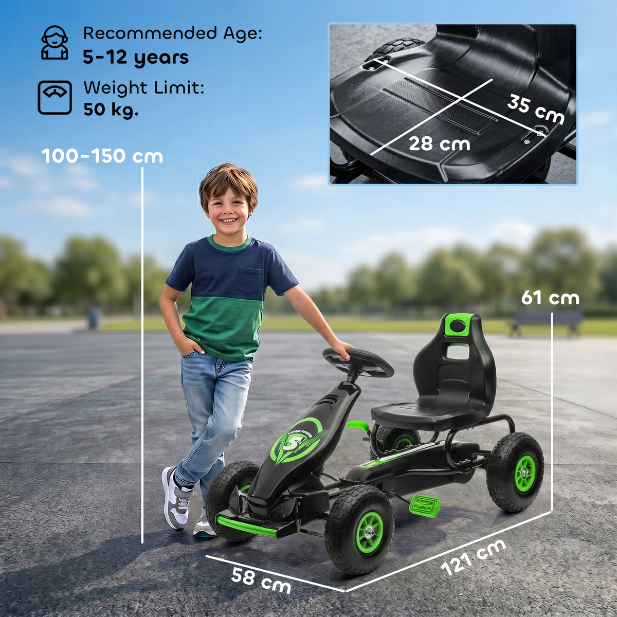 Kart à pédales pour enfant siège réglable 3 positions frein à main enfant de 5 à 12 ans vert noir