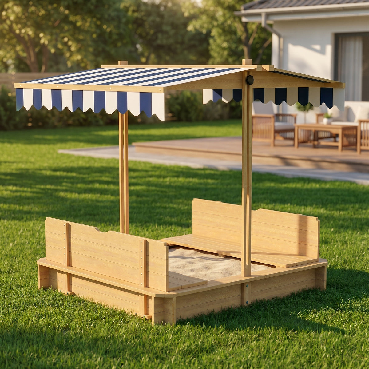 Bac à sable carré en bois pour enfants dim. 106L x 106l cm avec bancs et couvercle - auvent réglable