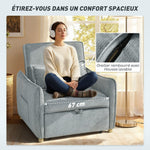 Fauteuil convertible 1 place 3 en 1, fauteuil-lit clic-clac en chenille, assise large dossier réglable, 88x84x87cm, gris