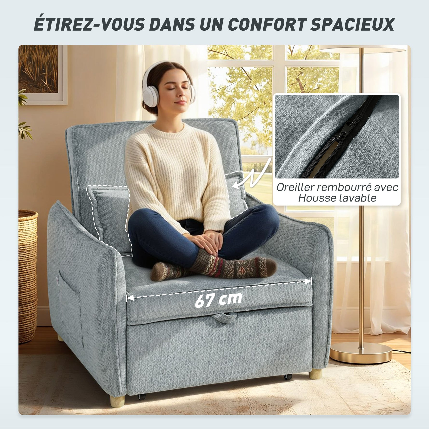 Fauteuil convertible 1 place 3 en 1, fauteuil-lit clic-clac en chenille, assise large dossier réglable, 88x84x87cm, gris