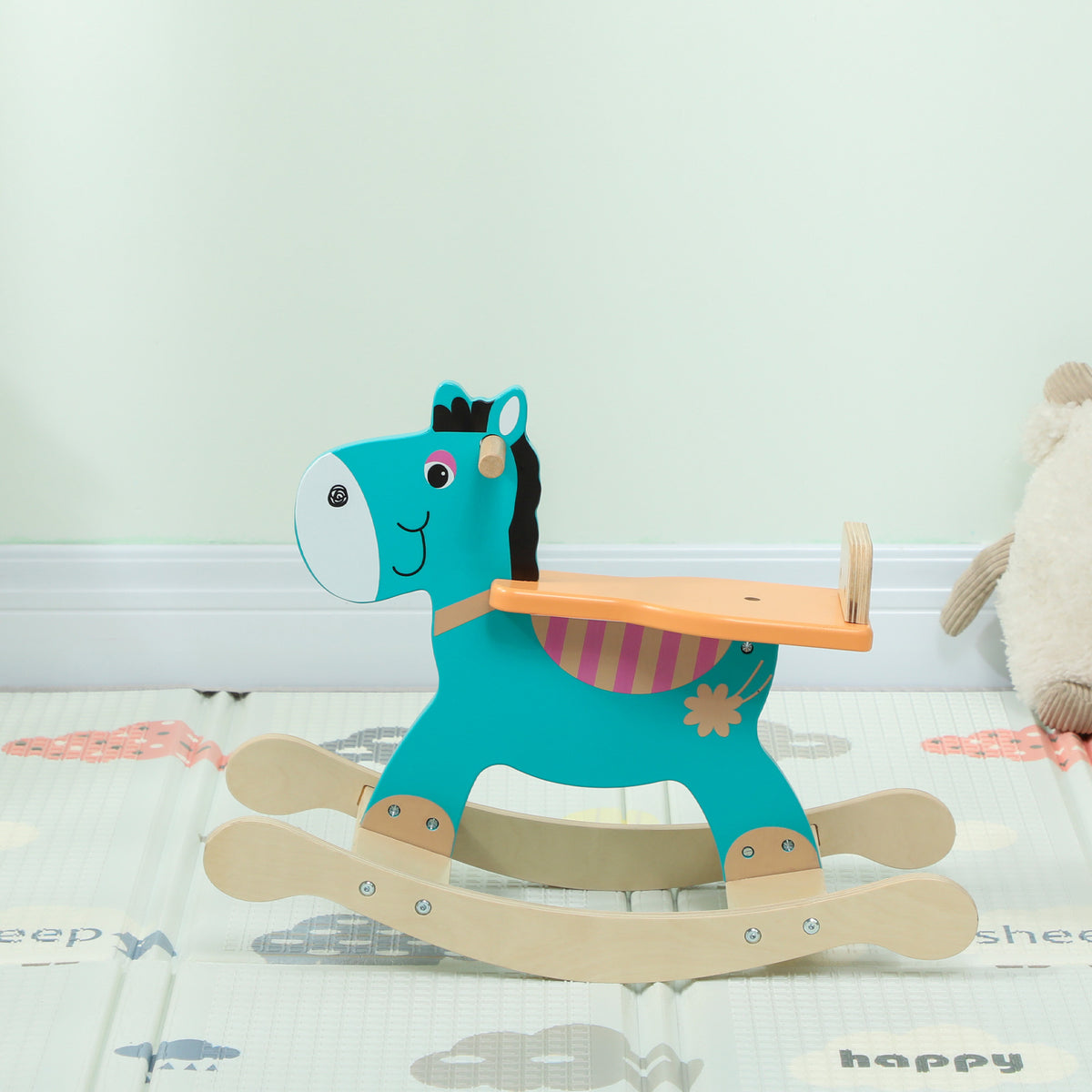 Cavallo a dondolo per bambini, asino giocattolo a dondolo per neonati in legno con manubrio e base stabile, 59 x 27 x 43 cm, verde scuro