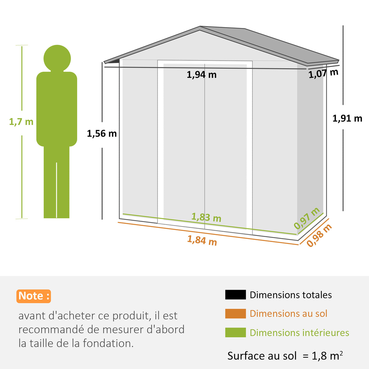 Abri de jardin en métal grand espace de rangement extérieur avec portes coulissantes 194 x 107 x 191 cm gris foncé