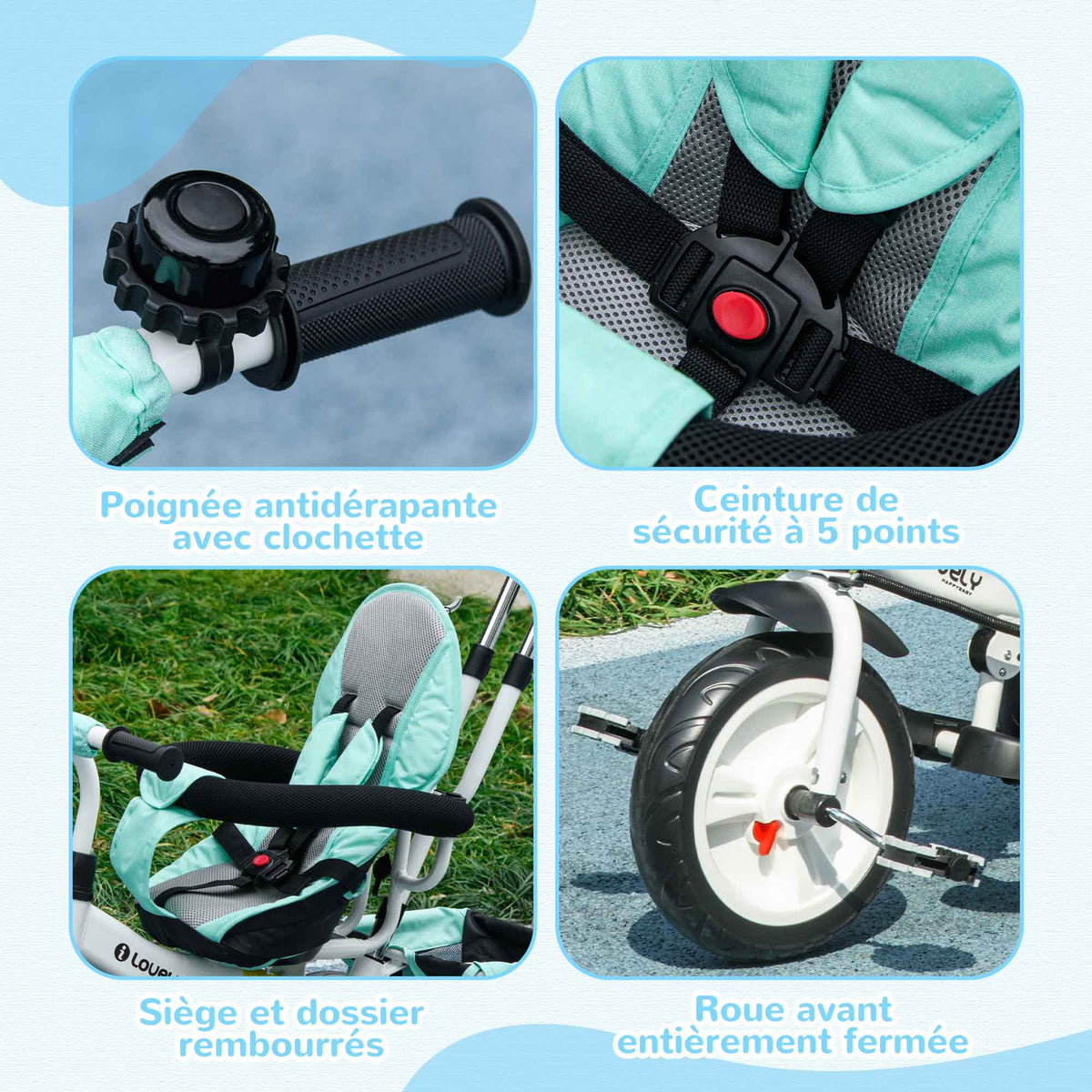 Tricycle 6 en 1 pour enfants, auvent, ceinture de sécurité 5 points, rangement, repose-pieds, frein, 1-5 ans, vert