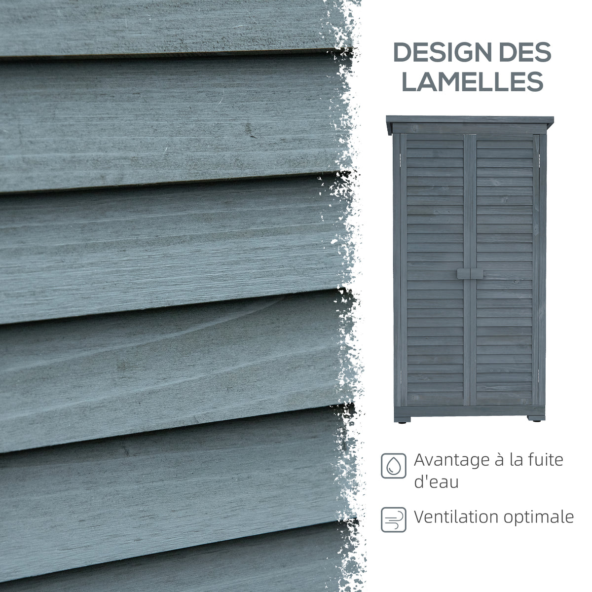 Armoire de jardin remise pour outils en bois 2 étagères toit bitumé portes persiennes 87 x 47 x 160 gris