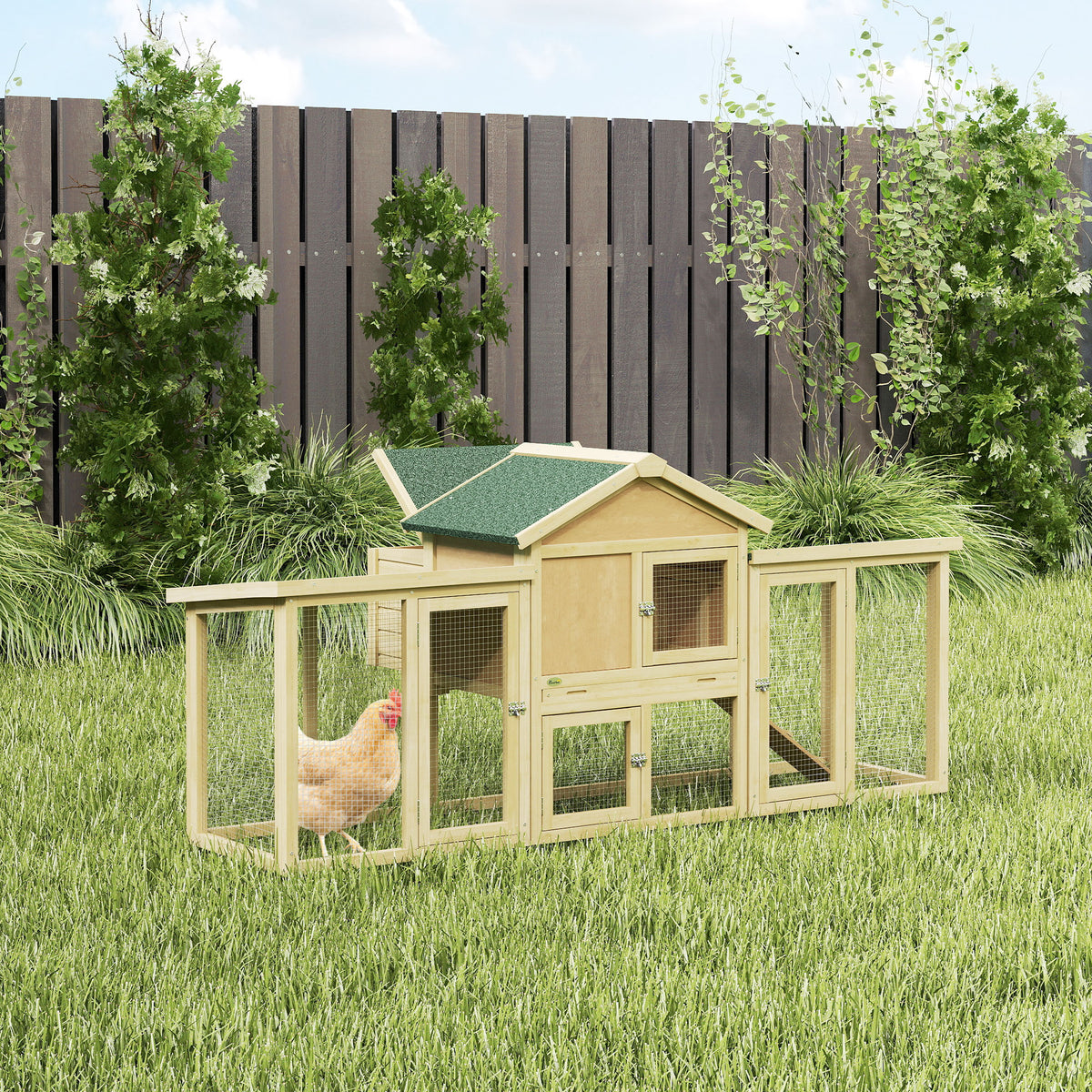 Poulailler clapier modèle chalet multi-équipé : rampes, nichoirs, plateau, en bois massif 204 x 85 x 93 cm bois naturel