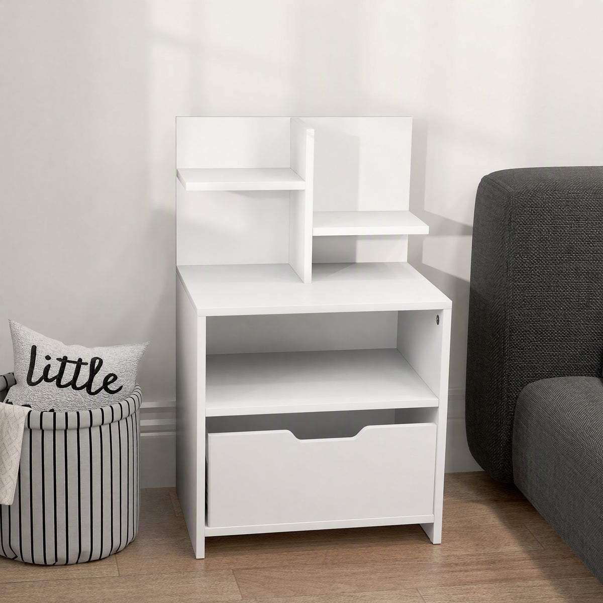 Comodino con cassetto, nicchia e ripiani portaoggetti effetto legno 45 x 35 x 73 cm bianco