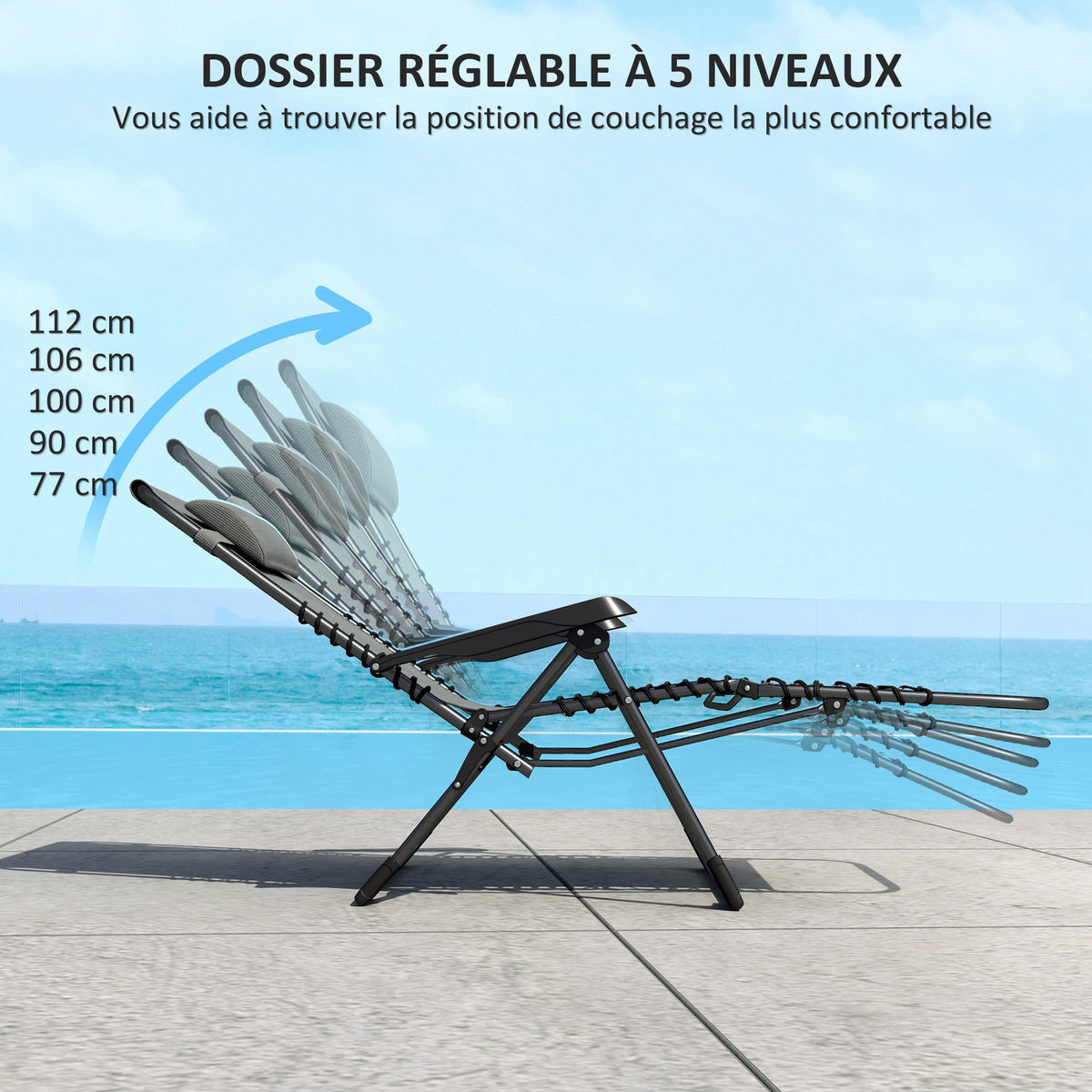 Lot de 2 bain de soleil, chaise longue pliante inclinable avec appuie-tête en textilène, 90 x 65 x 112 cm, gris