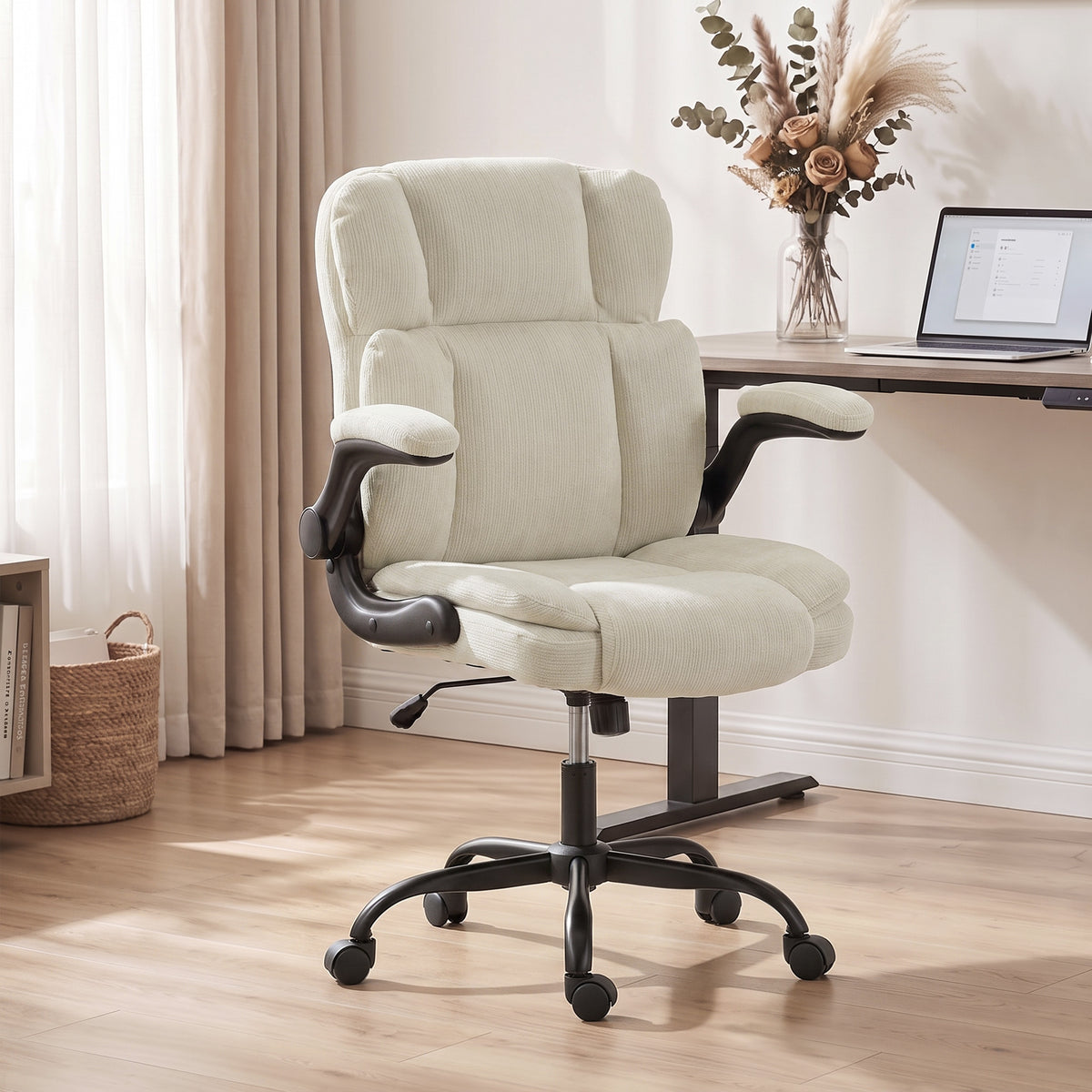 Chaise de Bureau Ergonomique en Chenille, Fonction Bascule, Accoudoirs Relevables, Hauteur Réglable, 70x67x108cm, Beige