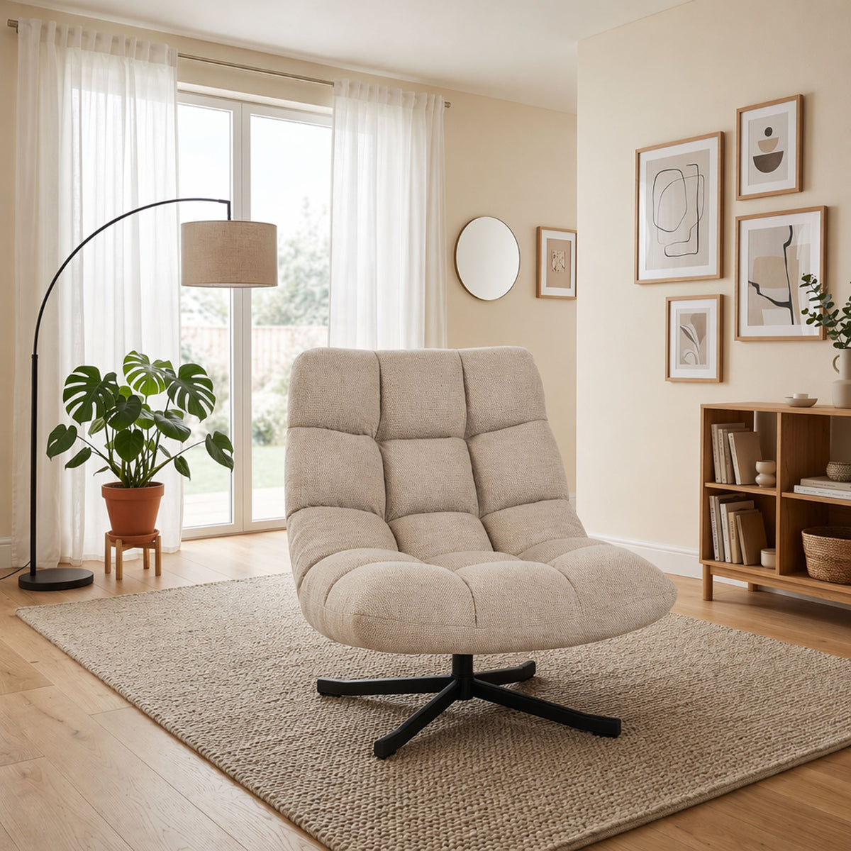 Wohnzimmersessel ohne Armlehnen, Drehstuhl aus Chenille-Stoff, breite Sitzfläche, 75 x 95 x 90 cm, Creme